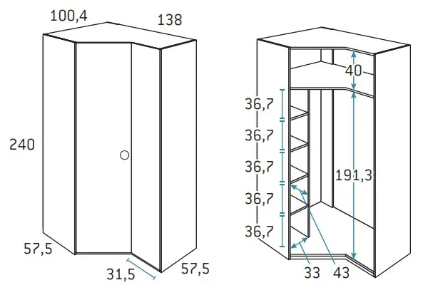 Illustration numéro 2 du produit Armoire d'angle pan-coupé droite 2 portes 138 x 240 cm finition chêne blanchis