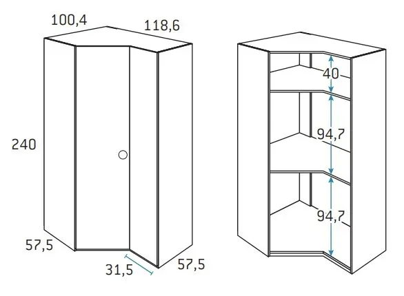Illustration numéro 2 du produit Armoire d'angle pan-coupé droite 2 portes 118,6 x 240 cm finition chêne blanchis intérieur double
