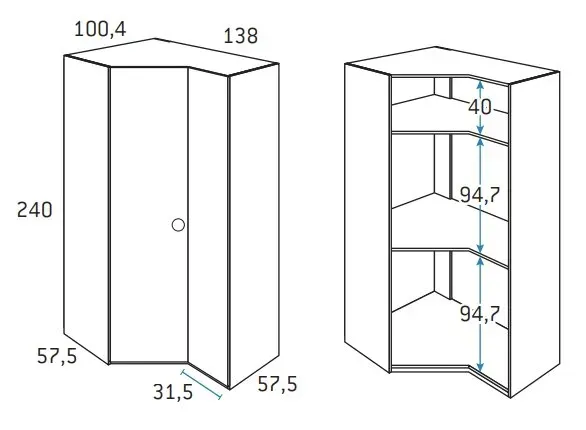 Illustration numéro 2 du produit Armoire d'angle pan-coupé droite 2 portes 138 x 240 cm finition chêne blanchis intérieur double