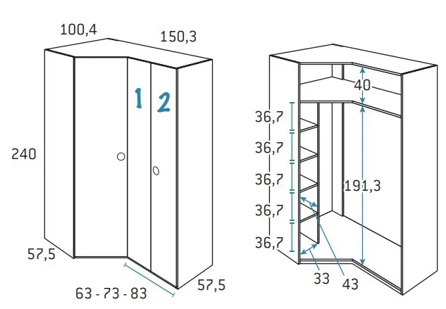 Illustration numéro 2 du produit Armoire d'angle pan-coupé 2 portes 150,3 x 240 cm finition chêne blanchis porte droite pliante