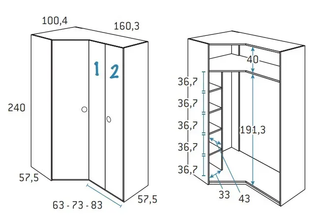 Illustration numéro 2 du produit Armoire d'angle pan-coupé 2 portes 160,3 x 240 cm finition chêne blanchis porte droite pliante