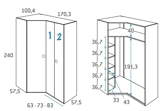 Illustration numéro 2 du produit Armoire d'angle pan-coupé 2 portes 170,3 x 240 cm finition chêne blanchis porte droite pliante