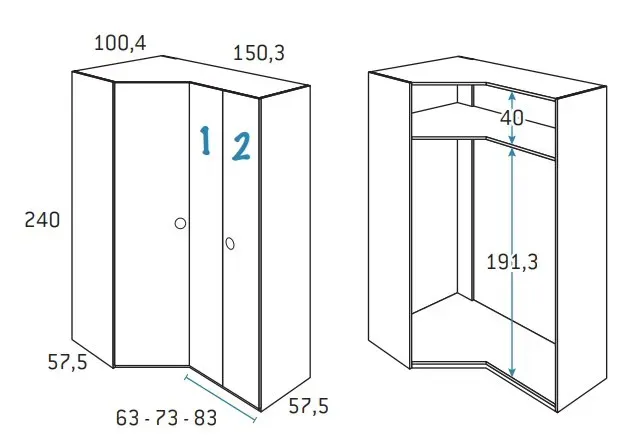 Illustration numéro 2 du produit Armoire d'angle pan-coupé 2 portes 150,3 x 240 cm finition chêne blanchis porte droite pliante 1 étagère