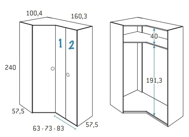 Illustration numéro 2 du produit Armoire d'angle pan-coupé 2 portes 160,3 x 240 cm finition chêne blanchis porte droite pliante 1 étagère