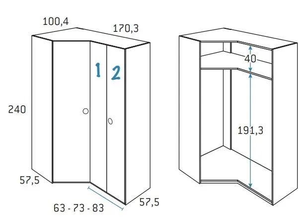 Illustration numéro 2 du produit Armoire d'angle pan-coupé 2 portes 170,3 x 240 cm finition chêne blanchis porte droite pliante 1 étagère