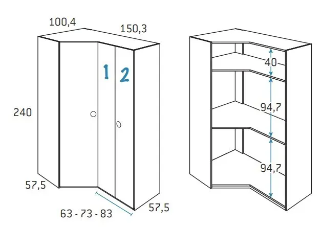 Illustration numéro 2 du produit Armoire d'angle pan-coupé 2 portes 150,3 x 240 cm finition chêne blanchis porte droite pliante intérieur double