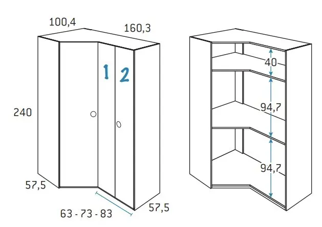 Illustration numéro 2 du produit Armoire d'angle pan-coupé 2 portes 160,3 x 240 cm finition chêne blanchis porte droite pliante intérieur double