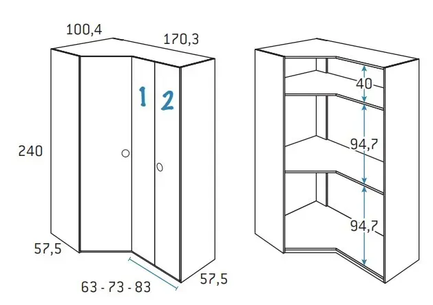 Illustration numéro 2 du produit Armoire d'angle pan-coupé 2 portes 170,3 x 240 cm finition chêne blanchis porte droite pliante intérieur double