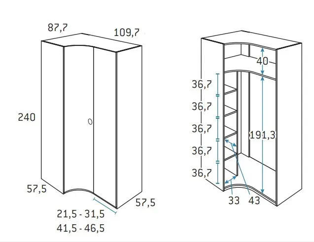 Illustration numéro 2 du produit Armoire d'angle porte courbe à gauche 109,7 x 240 cm finition chêne blanchis
