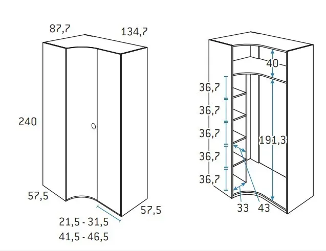 Illustration numéro 2 du produit Armoire d'angle porte courbe à gauche 134,7 x 240 cm finition chêne blanchis