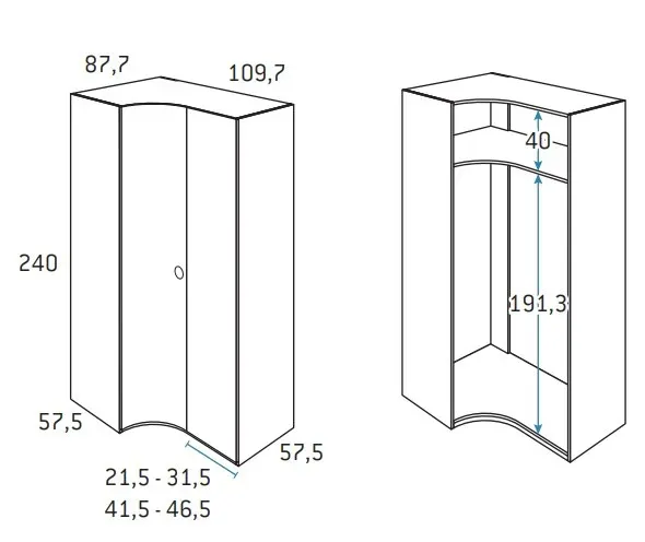 Illustration numéro 2 du produit Armoire d'angle porte courbe à gauche 134,7 x 240 cm finition chêne blanchis 1 étagère