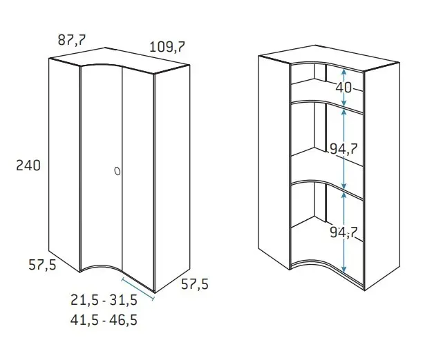 Illustration numéro 2 du produit Armoire d'angle porte courbe à gauche 109,7 x 240 cm finition chêne blanchis intérieur double