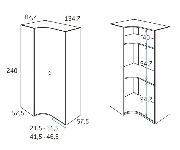 Illustration numéro 2 du produit Armoire d'angle porte courbe à gauche 134,7 x 240 cm finition chêne blanchis intérieur double