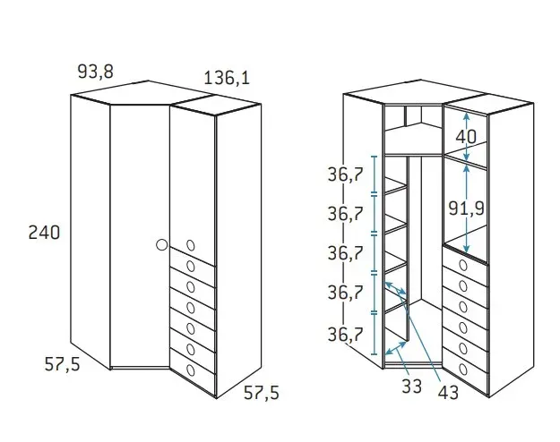 Illustration numéro 2 du produit Armoire d'angle pan-coupé 2 portes 6 tiroirs droite 136,1 x 93,8 x 240 cm finition chêne blanchis