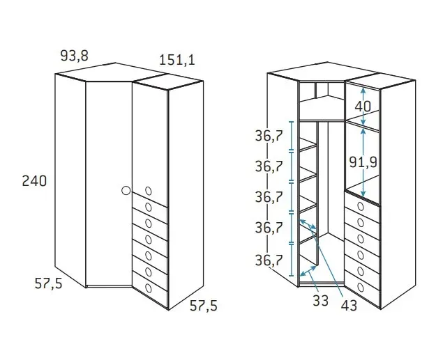 Illustration numéro 2 du produit Armoire d'angle pan-coupé 2 portes 6 tiroirs droite 151,1 x 93,8 x 240 cm finition chêne blanchis