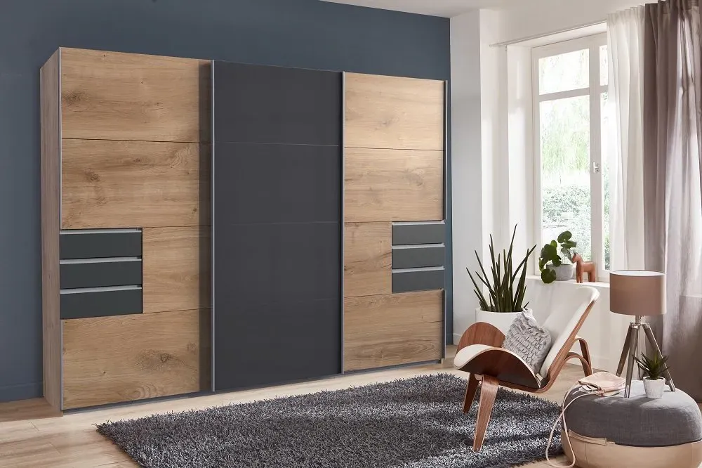 Illustration numéro 2 du produit Armoire coulissante AMORA 270cm chêne poutre 6 tiroirs graphite porte sobre verre gris