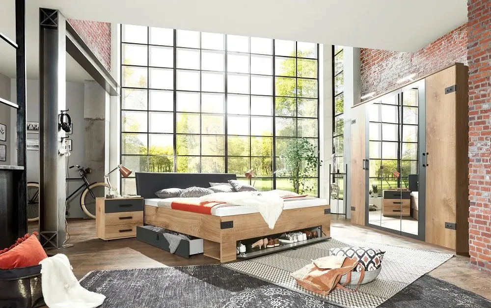 Illustration numéro 2 du produit Lit 180 x 200 cm STOKE tête de lit rembourré  tiroirs compartiment abattants chêne poutre graphite