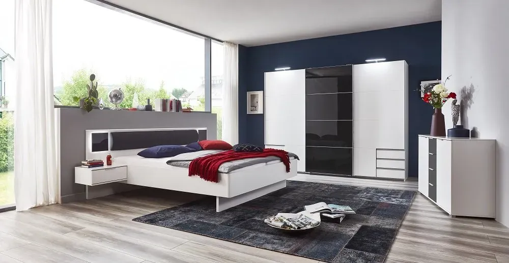 Illustration numéro 2 du produit Armoire coulissante AURELIA 270cm blanc 6 tiroirs porte verre gris