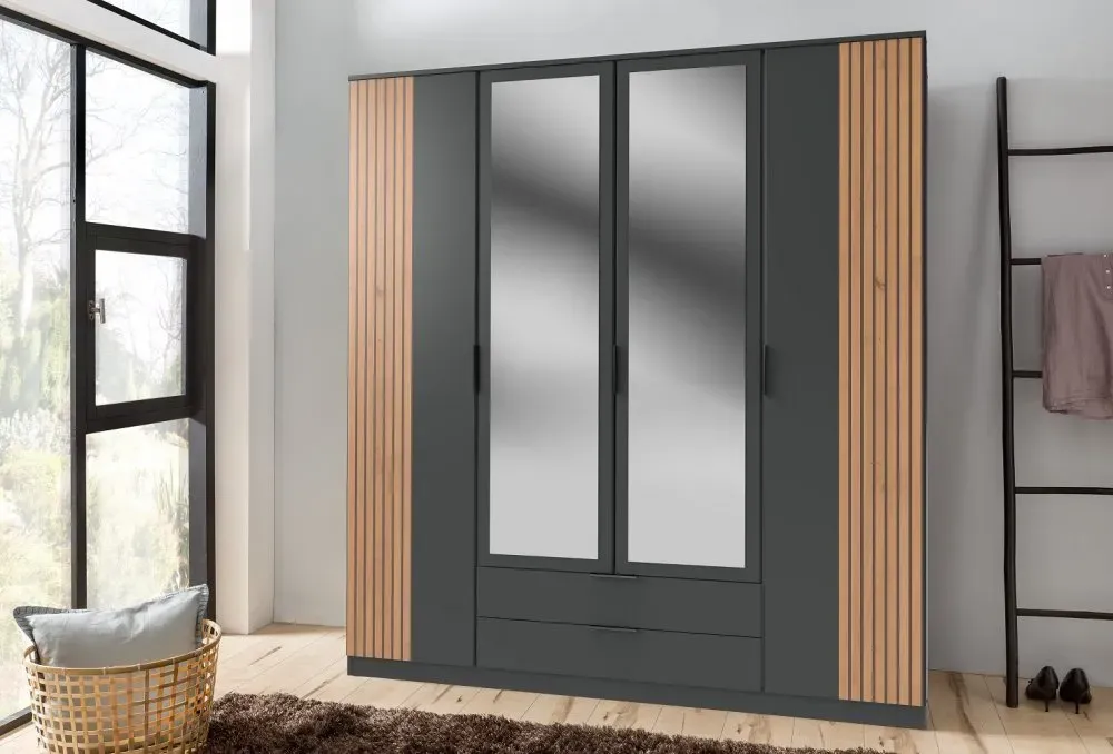 Illustration numéro 2 du produit Armoire BELOU 5 portes 2 miroirs 2 tiroirs décor graphite rechampis aspect clayettes chêne artisan