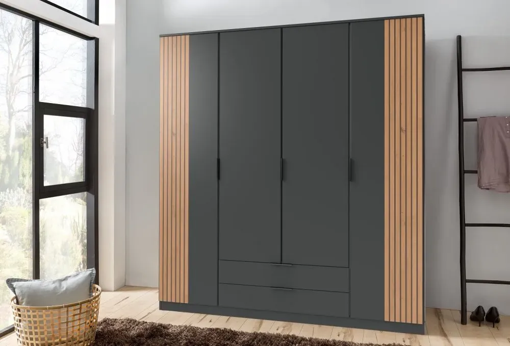 Illustration numéro 2 du produit Armoire avec corniche BELOU 5 portes 2 tiroirs décor graphite rechampis aspect clayettes chêne artisan