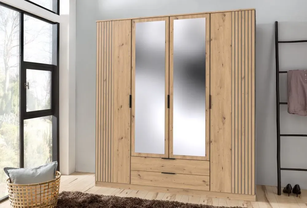 Illustration numéro 2 du produit Armoire avec corniche BELOU 5 portes 2 miroirs 2 tiroirs décor chêne artisan rechampis aspect clayettes