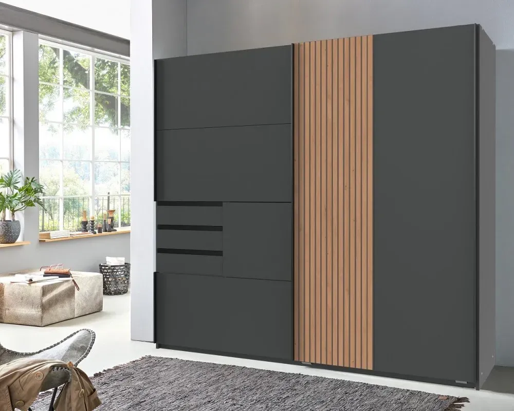 Illustration numéro 2 du produit Armoire CYBORG 2 portes coulissantes 3 tiroirs décor graphite rechampis aspect clayettes chêne artisan