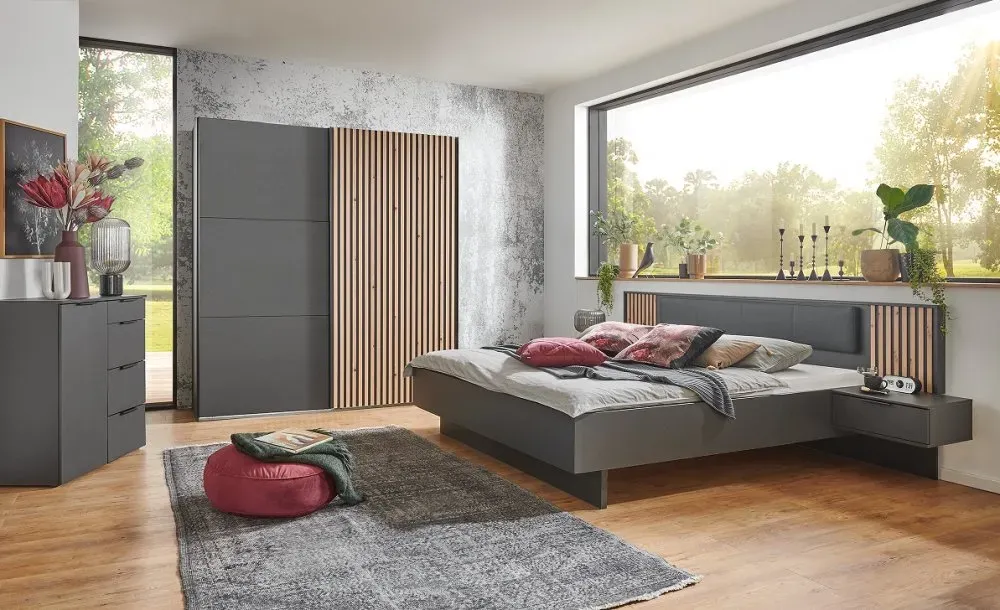 Illustration numéro 2 du produit Armoire coulissante PRISMA 200cm graphite rechampis lamelles imitation chêne artisan