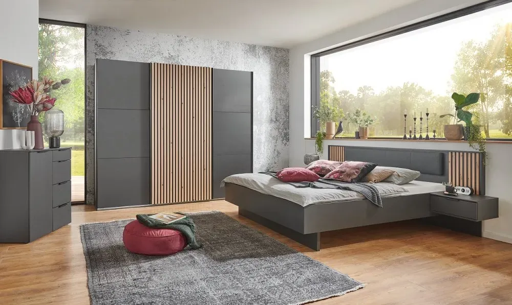 Illustration numéro 2 du produit Armoire coulissante PRISMA 300cm graphite rechampis lamelles imitation chêne artisan