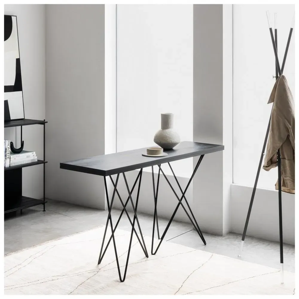 Illustration numéro 2 du produit Table console extensible ouverture en livre HERMES pieds métal plateau noir largeur 140cm