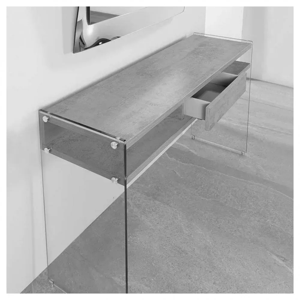 Illustration numéro 2 du produit Table console MAYA piétement verre transparent plateau stratifié gris béton