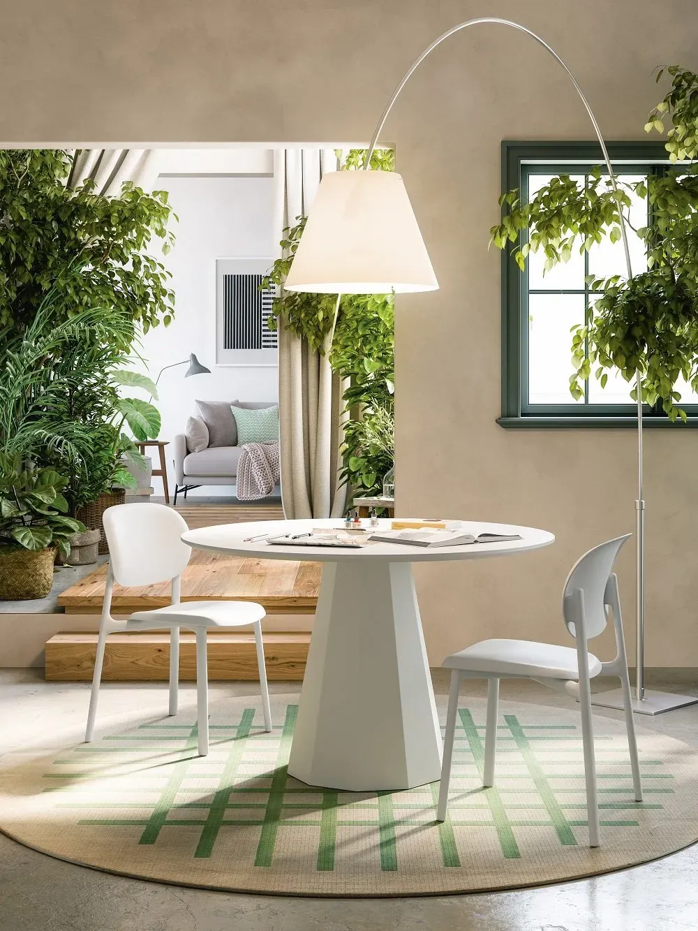 Illustration numéro 2 du produit Tapis de sol rond CEK fibre synthétique fond beige motif vert