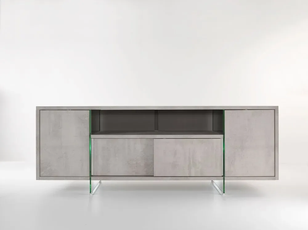 Illustration numéro 2 du produit Meuble TV design MARCO POLO 180cm gris béton  portes coulissantes et piètement en verre