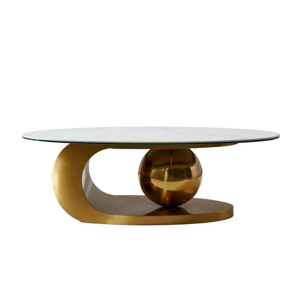 Illustration numéro 2 du produit Table basse design BOWL GOLD 130 base métal doré plateau marbre blanc