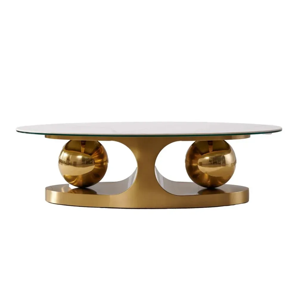 Illustration numéro 2 du produit Table basse design SPHERE GOLD 120 base métal doré plateau marbre blanc