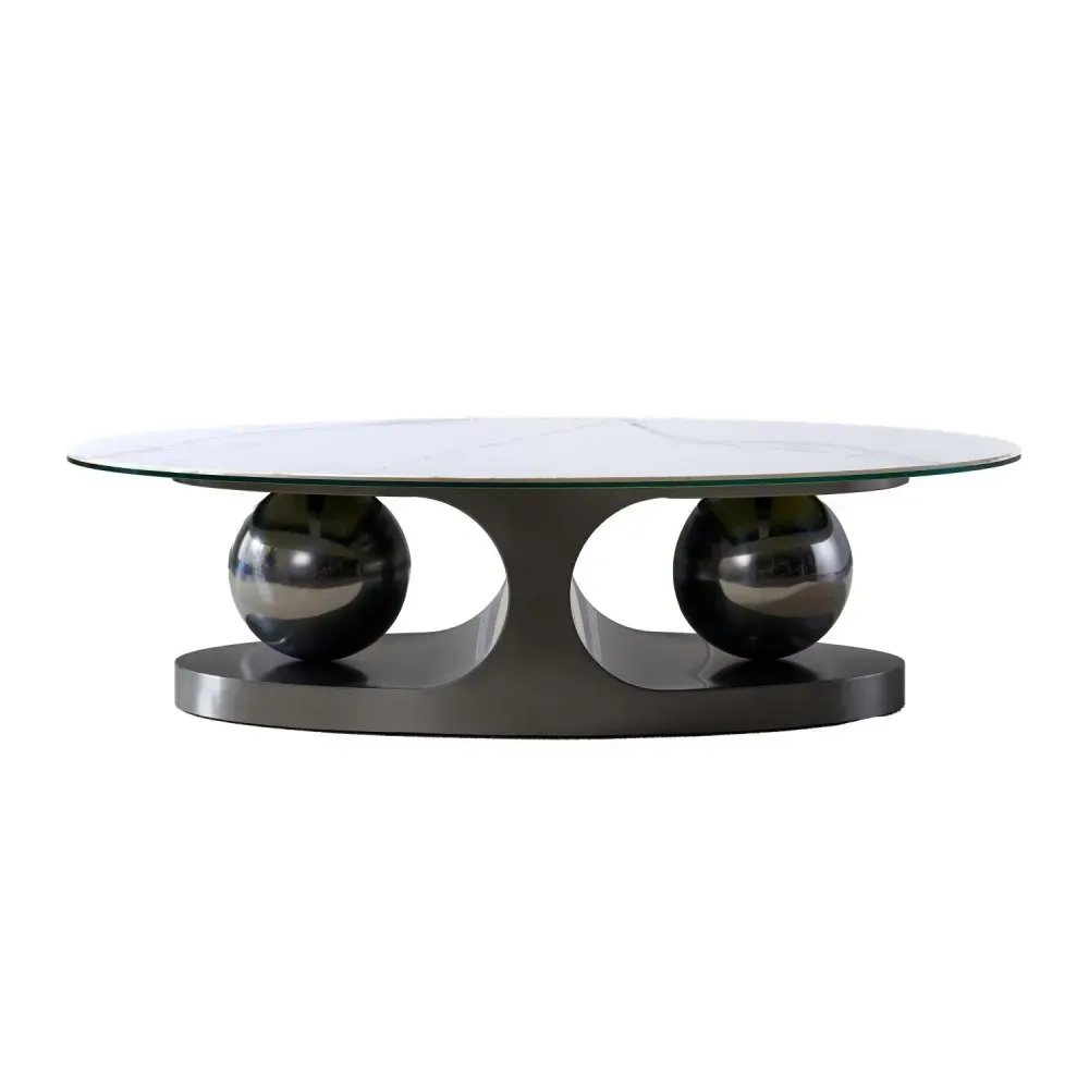 Illustration numéro 2 du produit Table basse design SPHERE BLACK NICKEL 120 base métal noir plateau marbre blanc