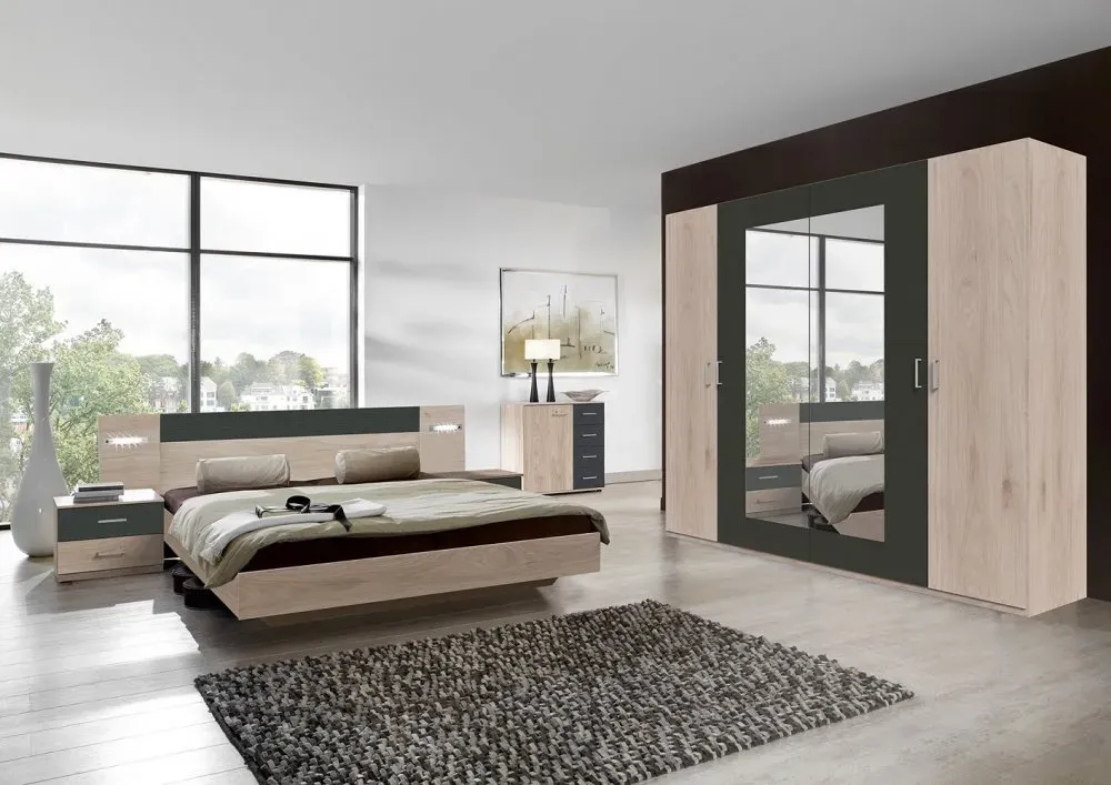 Illustration numéro 2 du produit Armoire 4 portes 2 miroirs ANGIE 225 cm chêne hickory et graphite