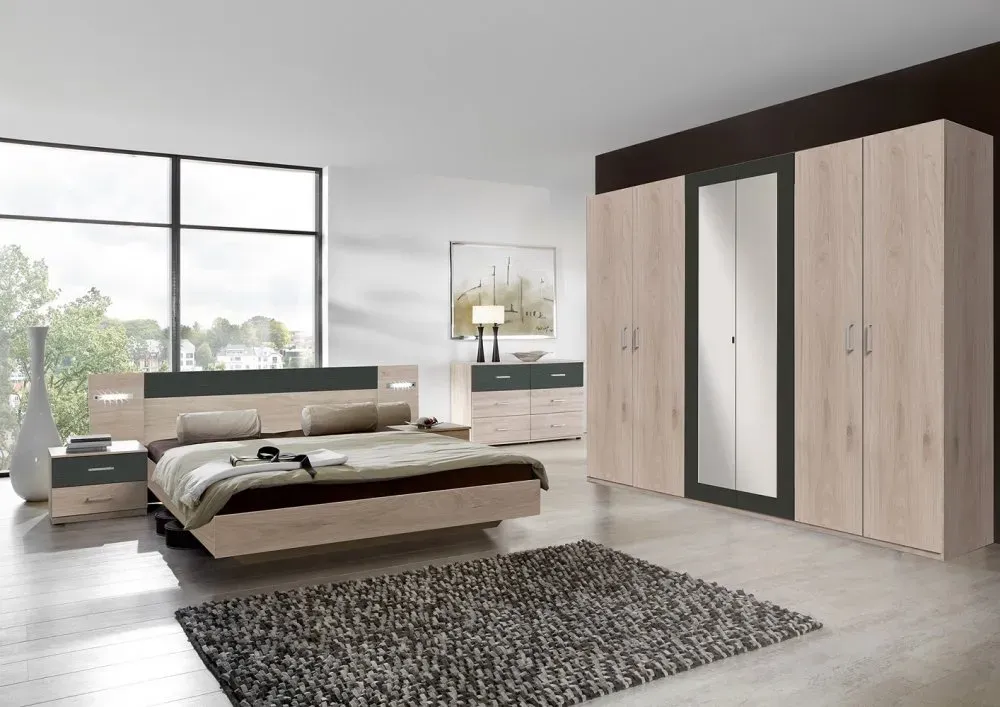 Illustration numéro 2 du produit Armoire 6 portes 2 miroirs ANGIE 270 cm chêne hickory et graphite