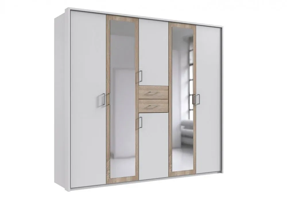 Illustration numéro 2 du produit Armoire 4 portes blancs 2 portes miroirs DIVER 225 cm 2 tiroirs chênes