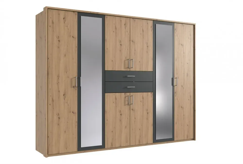 Illustration numéro 2 du produit Armoire 6 portes chênes artisans 2 portes miroirs DIVER 270 cm 2 tiroirs graphites