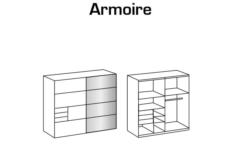 Illustration numéro 2 du produit Armoire 2 portes coulissantes 3 tiroirs TILBURG 225 cm gris Sahara verre noir et graphite