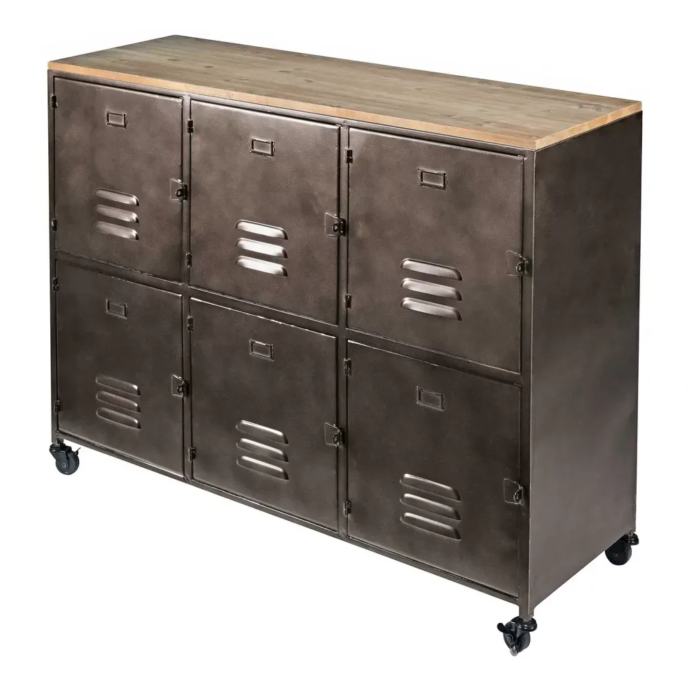 Illustration numéro 2 du produit Buffet industriel à roulettes 6 portes en métal et bois de sapin