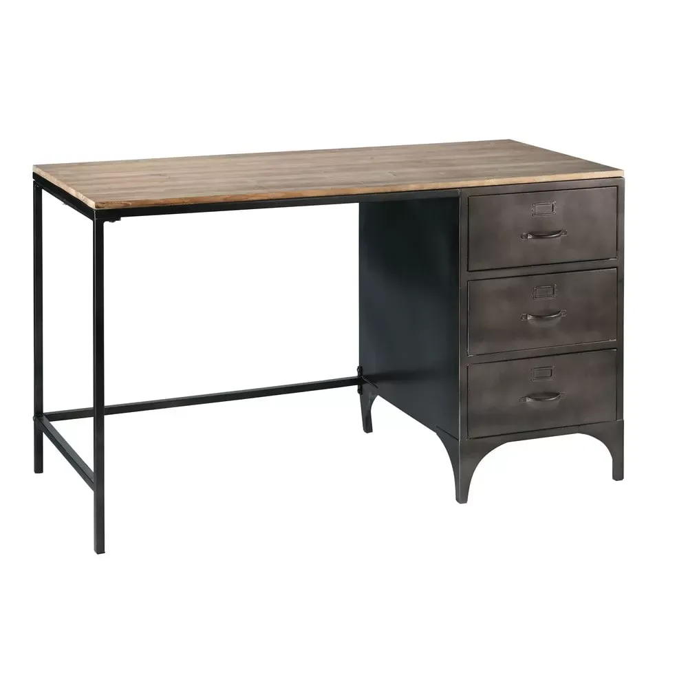 Illustration numéro 2 du produit Bureau industriel 3 tiroirs en métal et bois de sapin