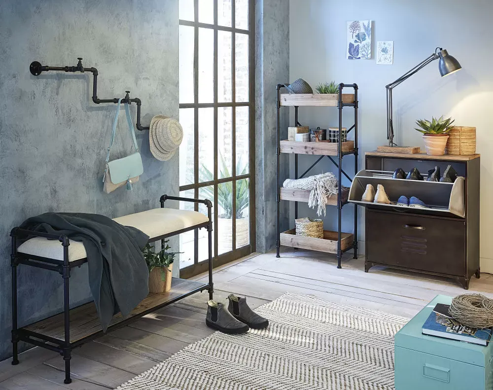 Illustration numéro 2 du produit Meuble à chaussures 2 tiroirs en métal et sapin