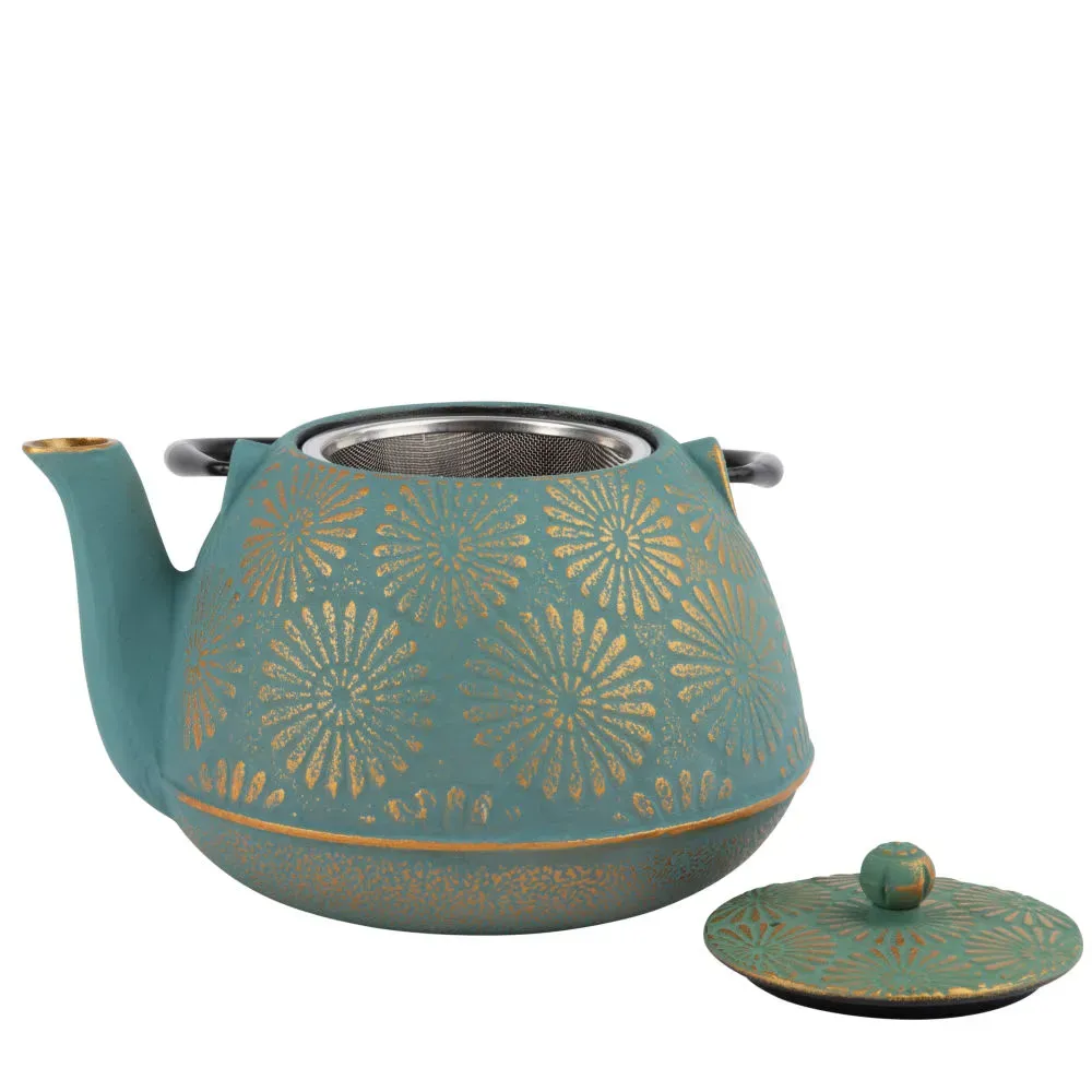 Illustration numéro 2 du produit Théière en fonte bleue et dorée 1,2L