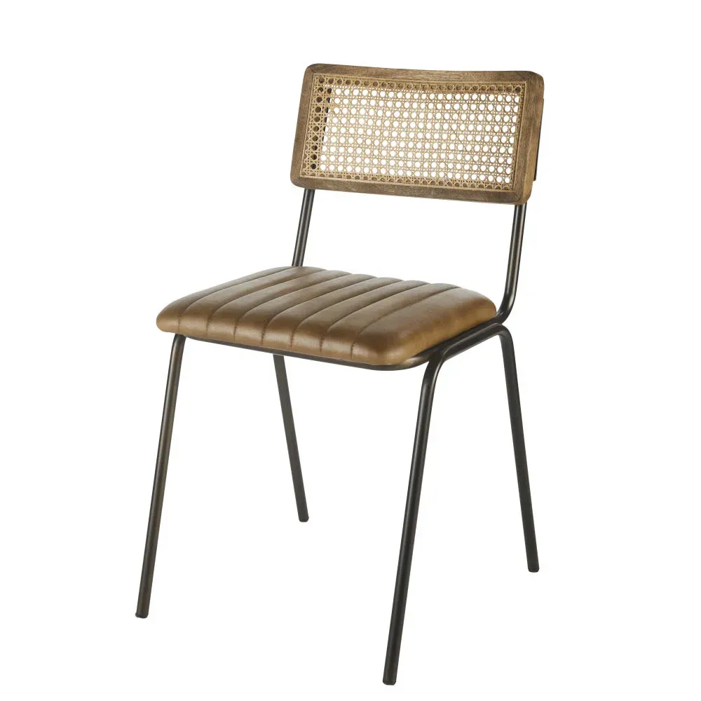 Illustration numéro 2 du produit Chaises professionnelles en cuir de buffle marron, cannage en rotin et acier noir (x2)