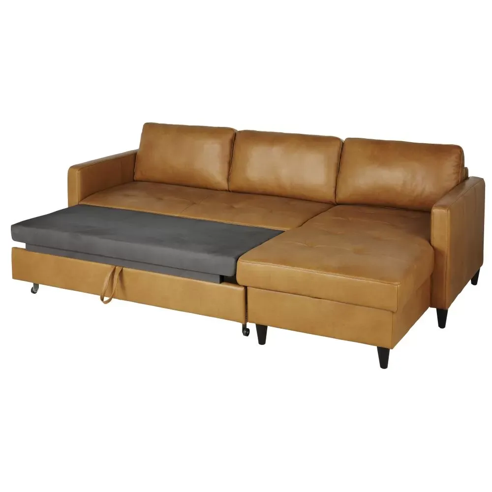 Illustration numéro 2 du produit Canapé d'angle convertible 4/5 places en cuir caramel