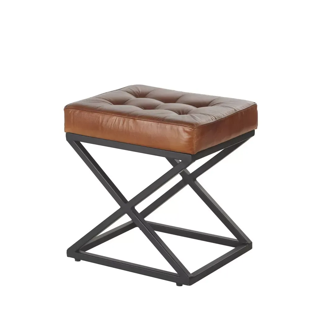 Illustration numéro 2 du produit Tabouret en cuir marron et métal noir