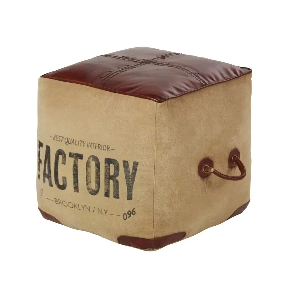 Illustration numéro 2 du produit Pouf carré en coton et cuir marron