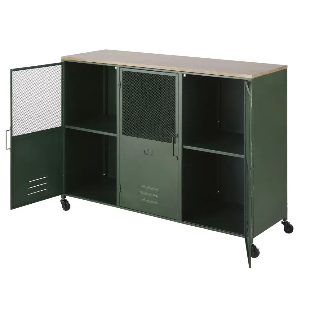 Illustration numéro 2 du produit Buffet style industriel 3 portes en bois de sapin et métal vert à roulettes