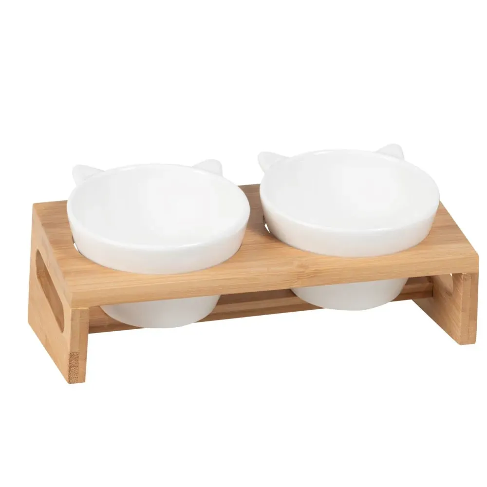 Illustration numéro 2 du produit Gamelles en porcelaine (x2) support en bambou